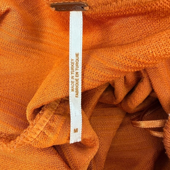 Free People Mini Dress Boho M Orange Textured Puff Sleeve Tie Back Square Neck - Picture 8 of 10